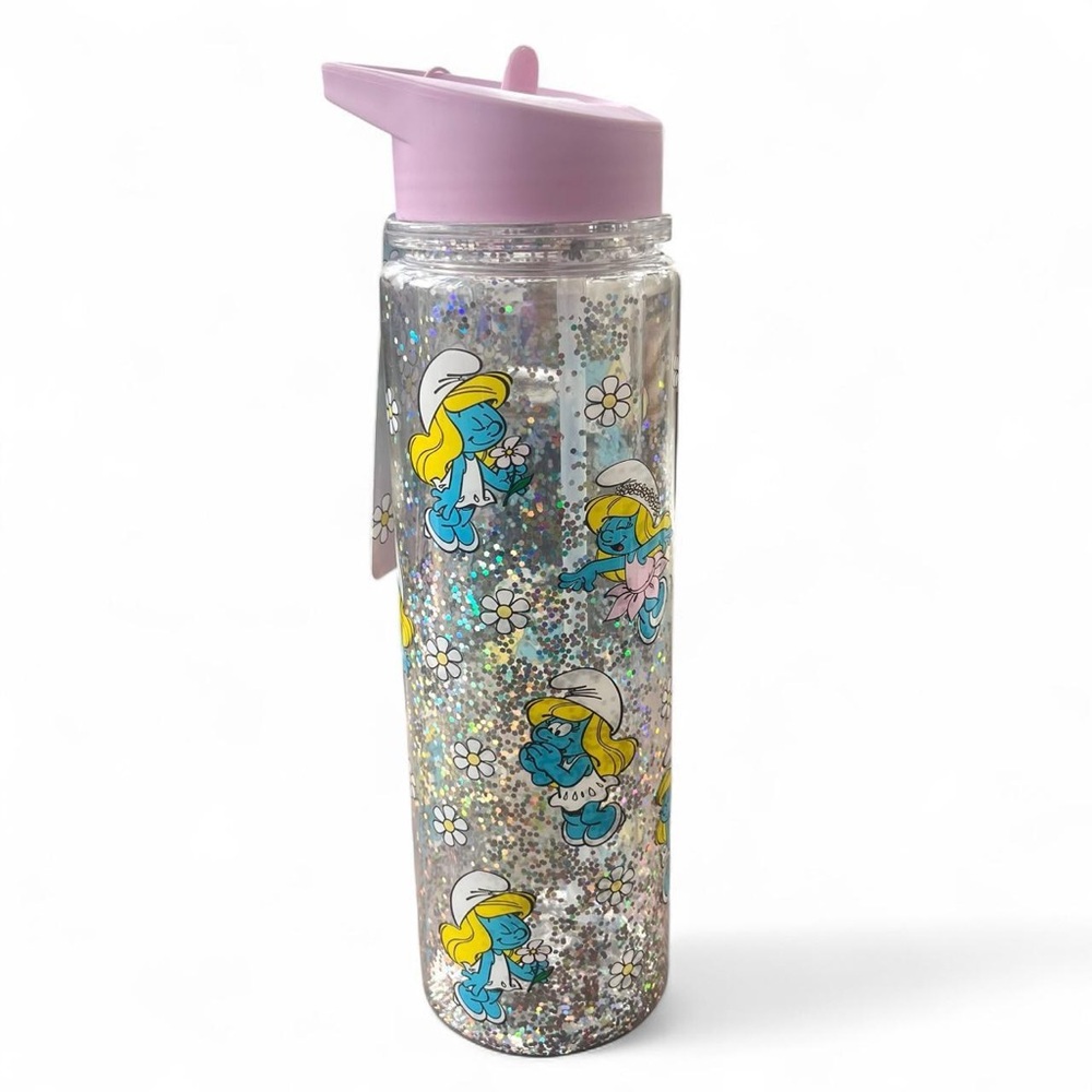 Smurfs Glitter Water Bottle with Pink Lid